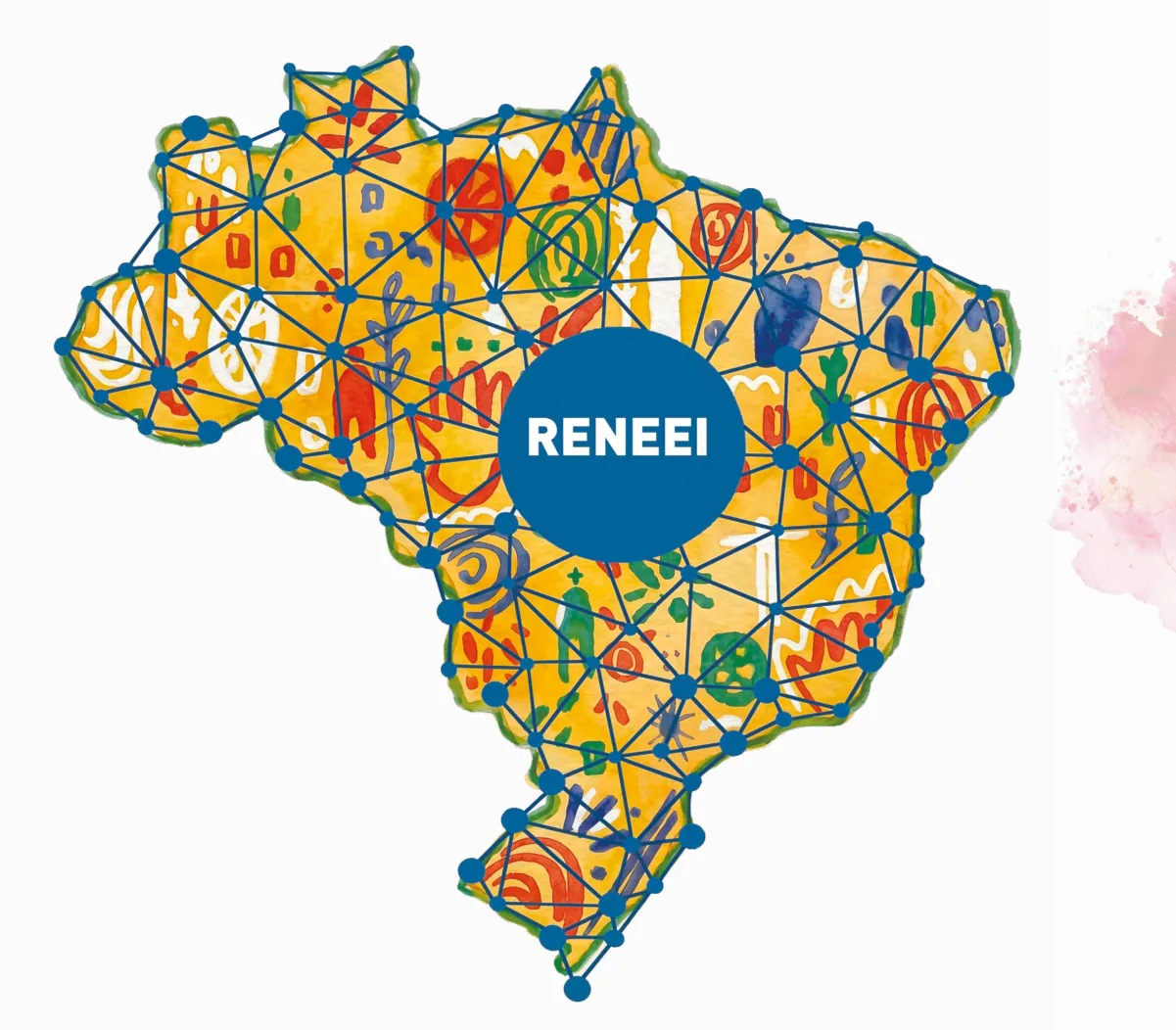 Ilustração do mapa do Brasil formado por pontos azuis interligados em rede, com um círculo central escrito RENEEI