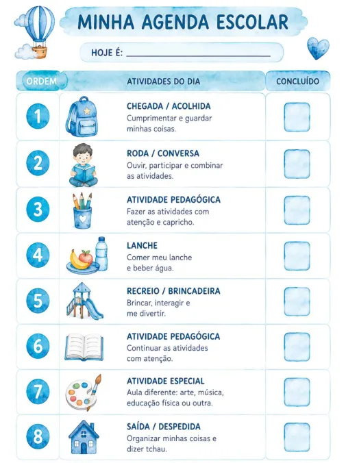Agenda visual escolar com oito pictogramas ilustrando a rotina do dia, do acolhimento à saída