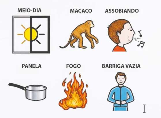 Seis pictogramas da parlenda meio-dia: janela com sol, macaco, pessoa assobiando, panela, fogo e barriga vazia