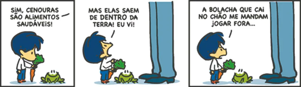 Tirinha de Armandinho em três quadros: o menino conversa com um sapo sobre cenouras saudáveis e sobre a bolacha que caiu no chão