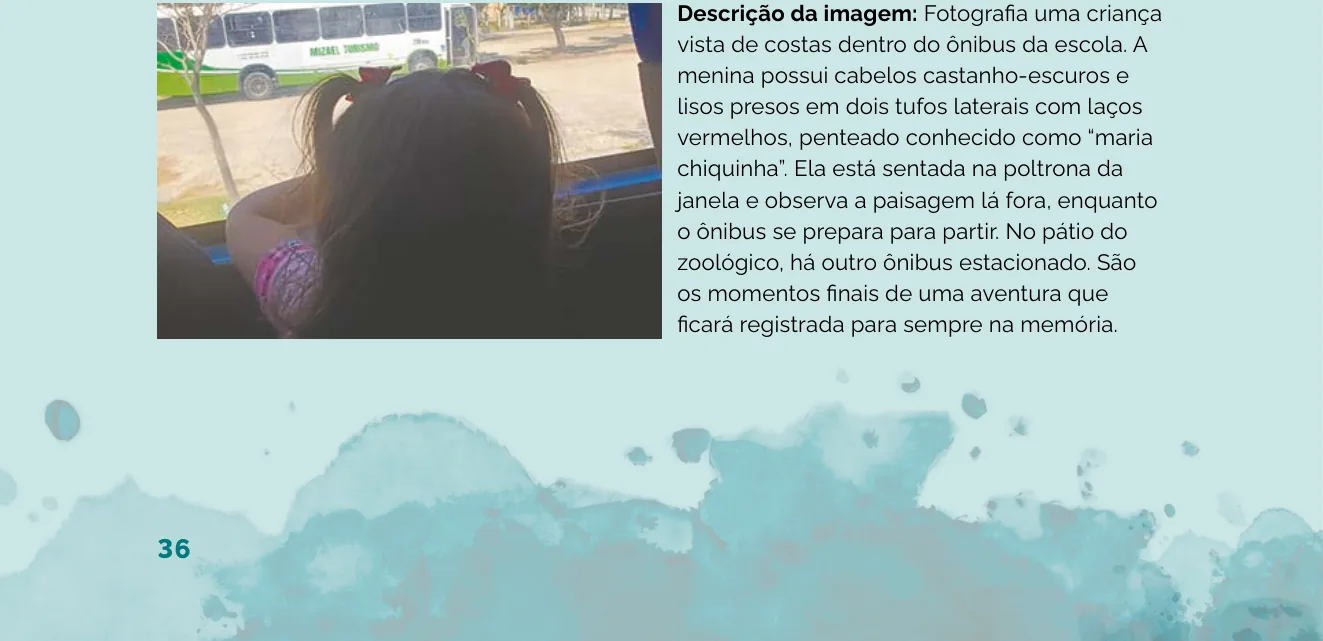 Fotografia de uma criança vista de costas, sentada na janela do ônibus escolar, observando a paisagem no retorno do passeio