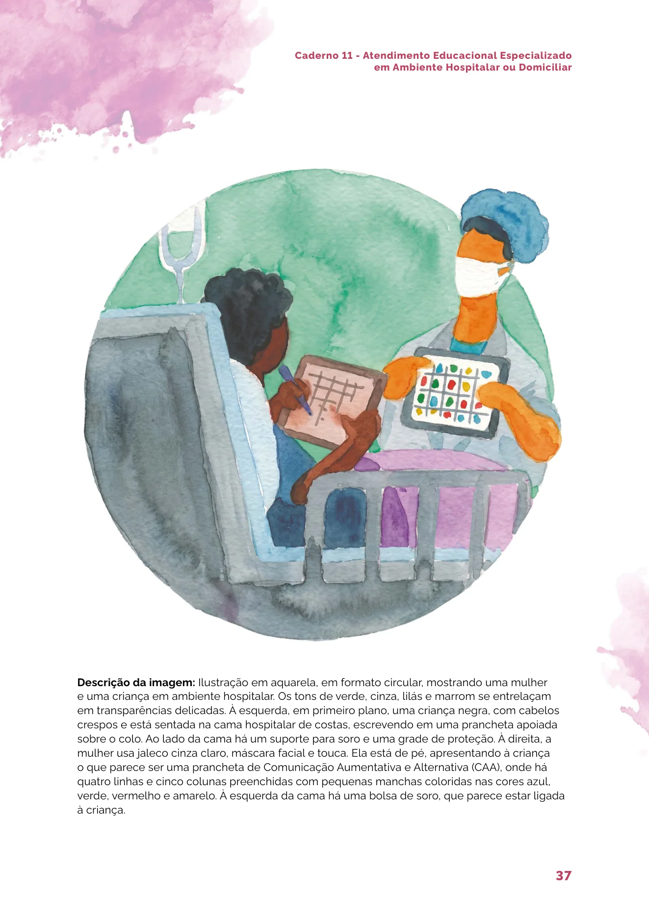 Ilustração em aquarela circular mostrando uma profissional de jaleco apresentando uma prancha de Comunicação Aumentativa e Alternativa a uma criança na cama hospitalar