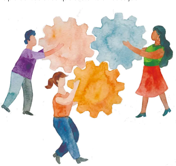 Ilustração aquarelada de três pessoas cooperando para encaixar três grandes engrenagens coloridas