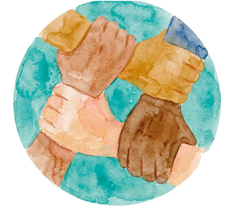 Ilustração aquarelada circular de quatro mãos de tons de pele diferentes unidas pelos pulsos, formando uma roda