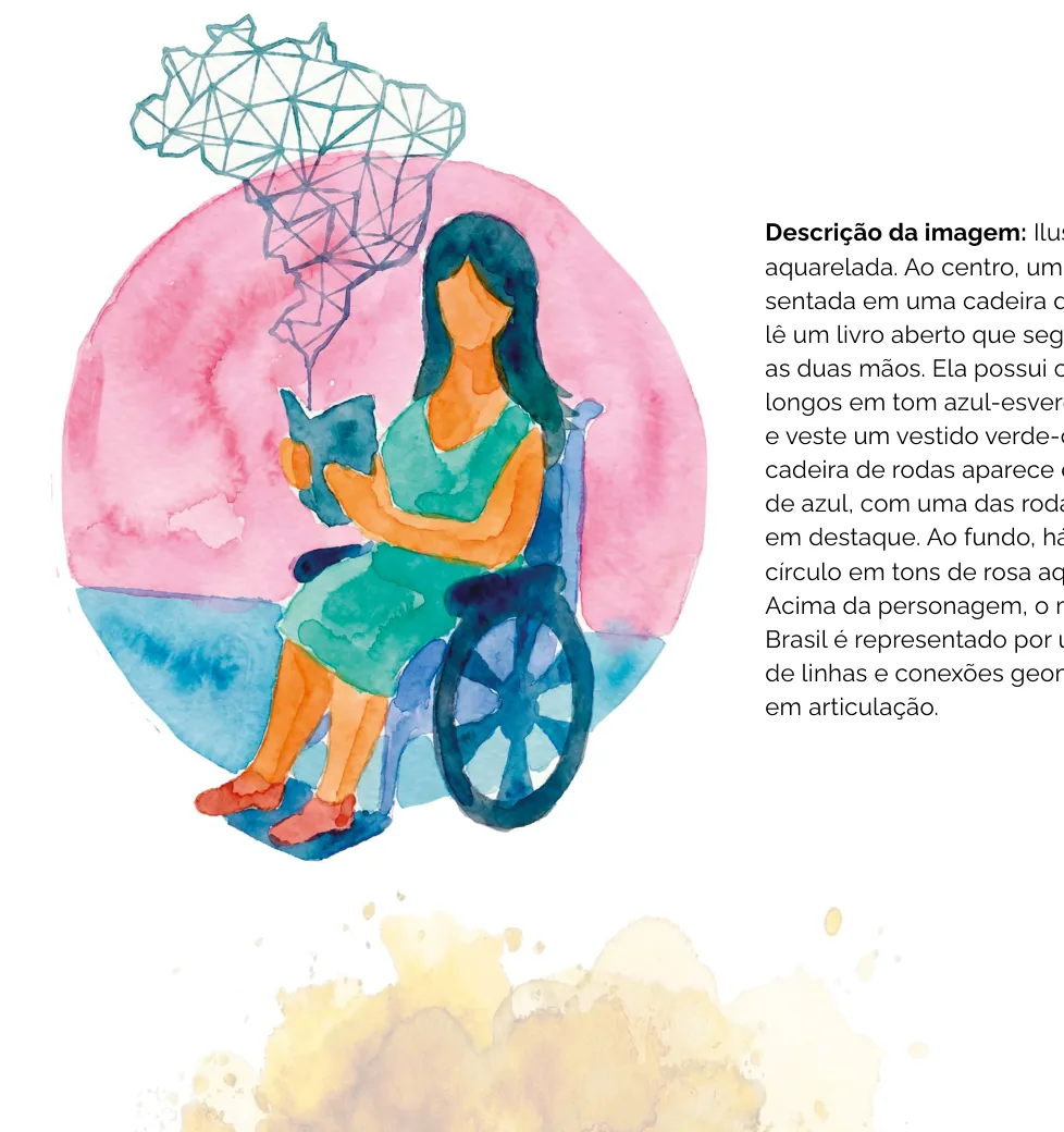 Ilustração aquarelada de uma mulher em cadeira de rodas lendo um livro, com o mapa do Brasil em rede de conexões acima dela