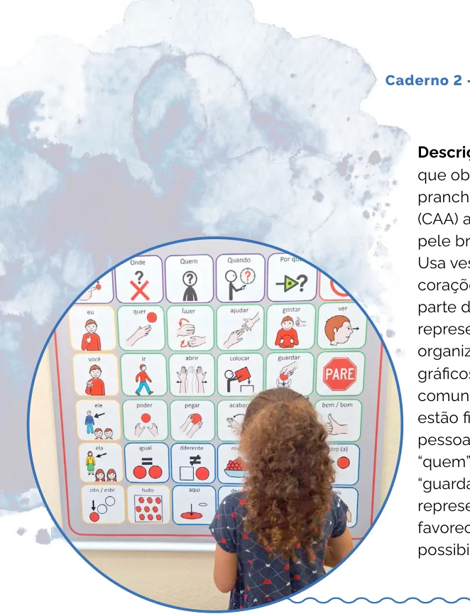 Fotografia de costas de uma estudante de cabelos cacheados observando um banner ampliado de prancha de Comunicação Aumentativa e Alternativa afixado na parede