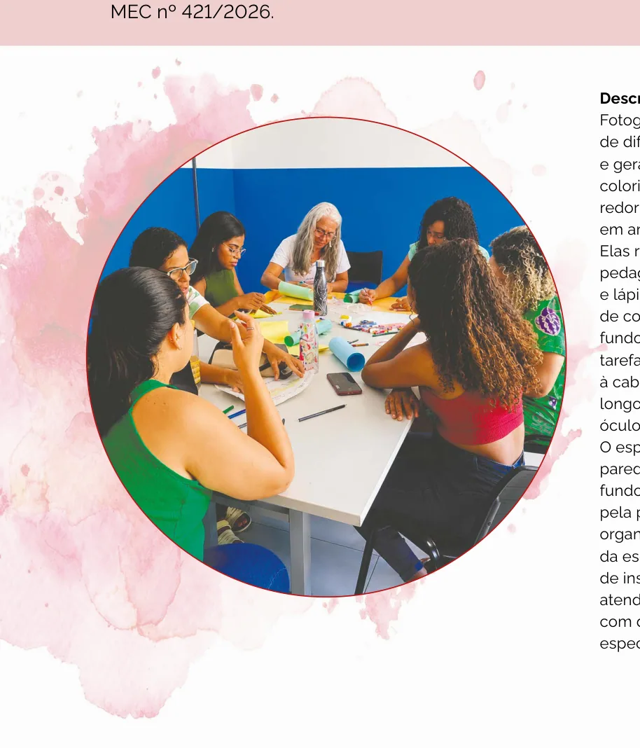 Fotografia de sete mulheres de diferentes biotipos, etnias e gerações, sentadas ao redor de uma mesa branca, realizando atividade pedagógica com cartolinas e lápis de cor
