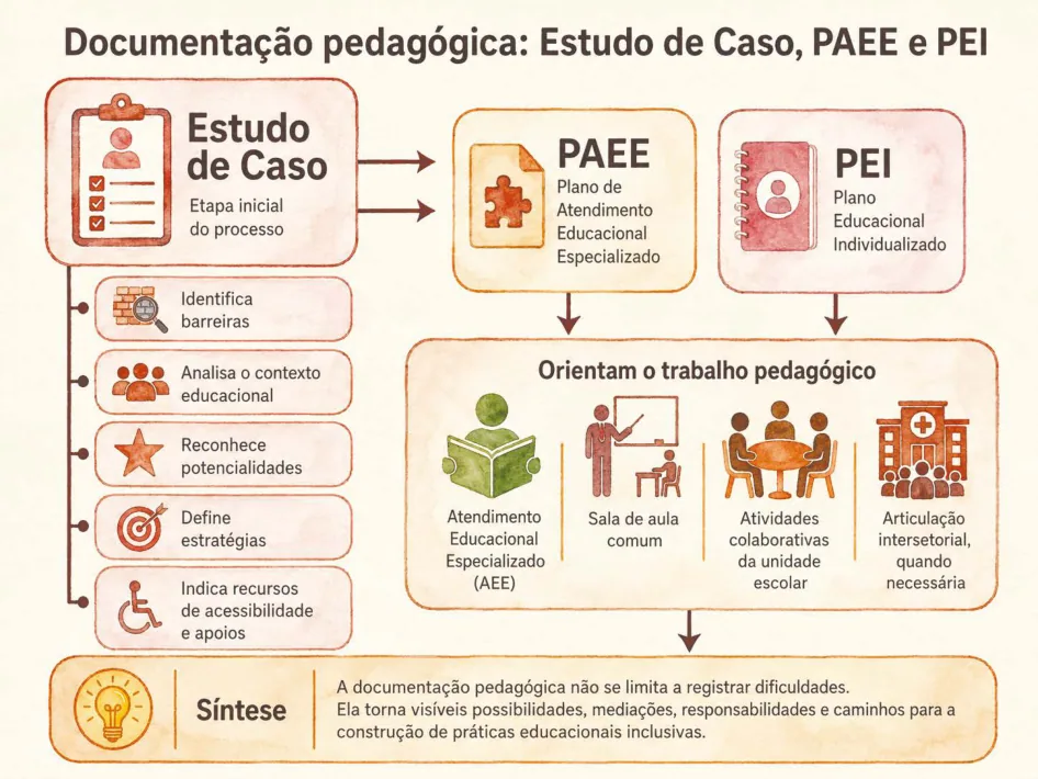 Infográfico em tons de bege, vermelho e laranja mostrando a relação entre Estudo de Caso, PAEE e PEI