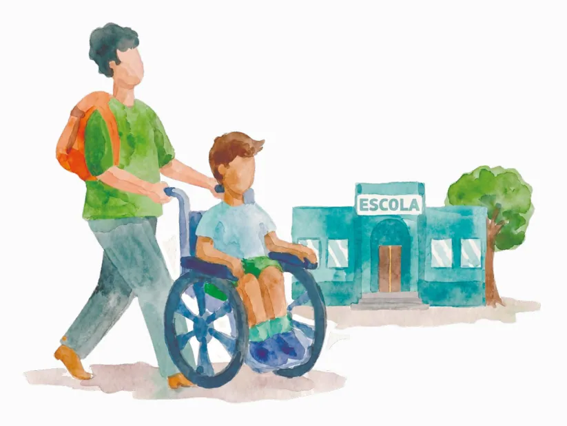 Ilustração em aquarela em tons de verde: um homem conduz uma criança em cadeira de rodas rumo à escola