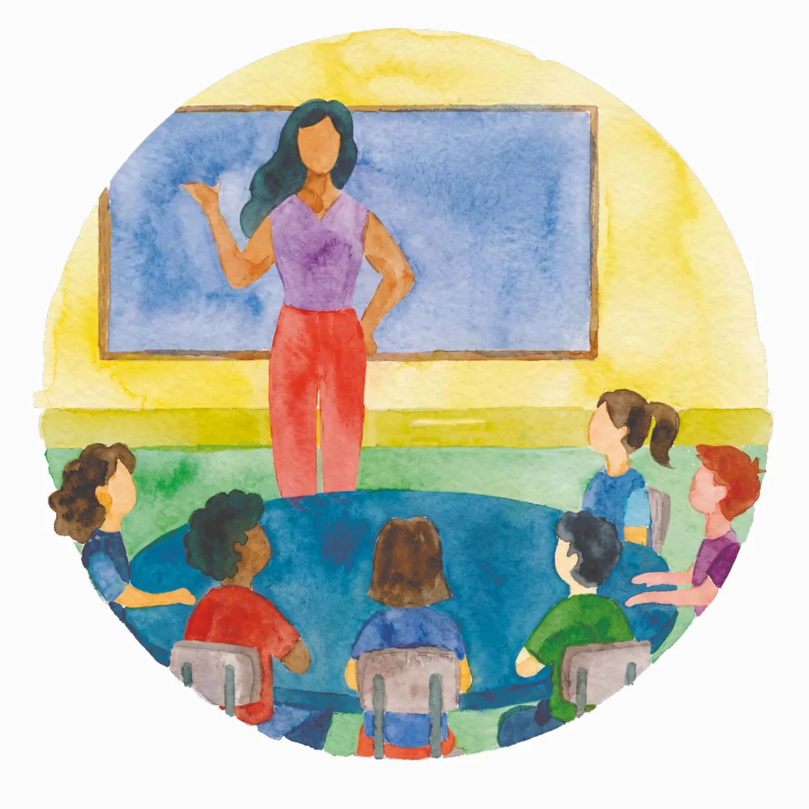 Ilustração em aquarela de uma professora apresentando uma aula para um grupo de crianças e jovens de diferentes biotipos e etnias reunidos junto a uma mesa