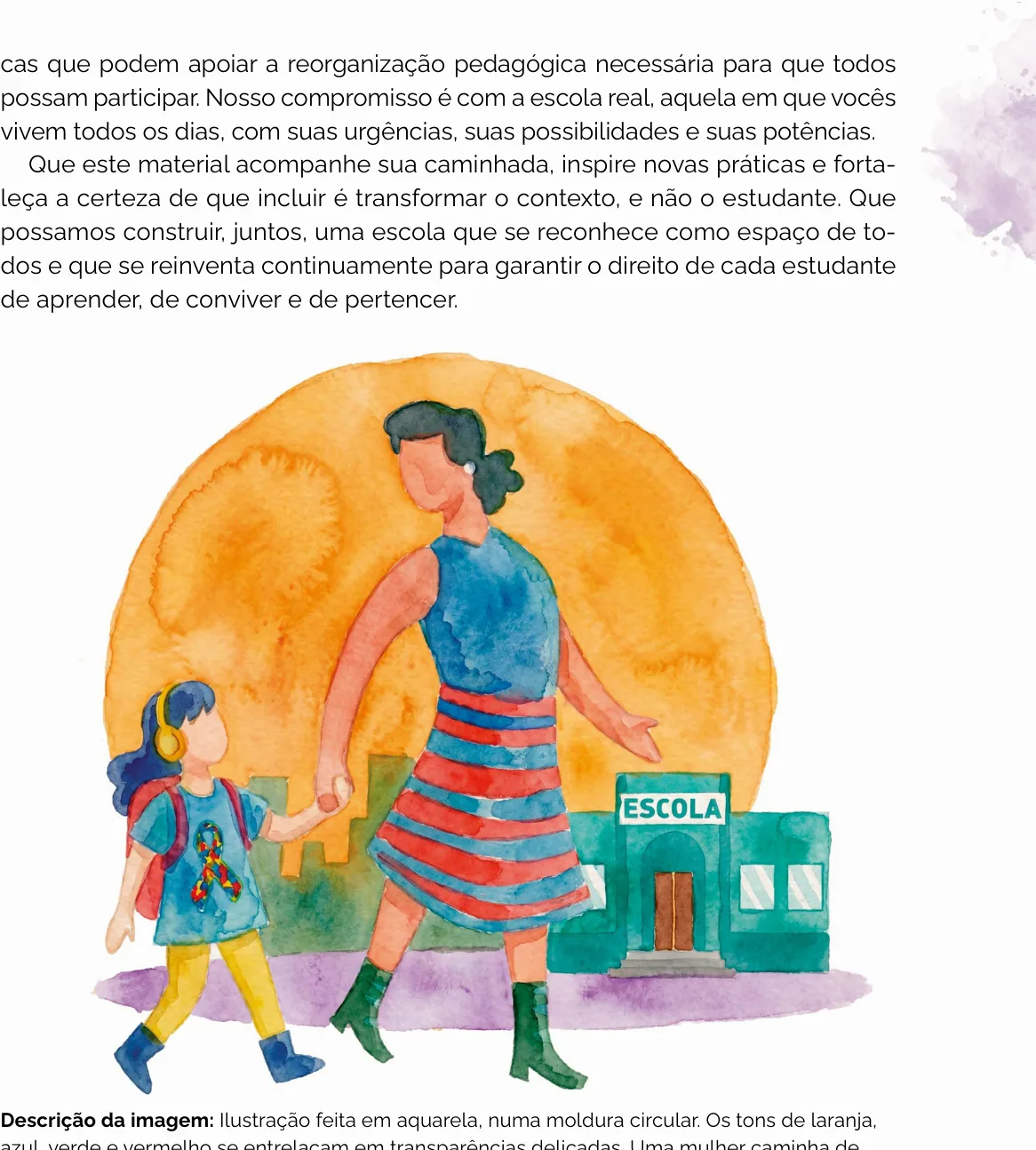 Ilustração em aquarela de uma mulher caminhando de mãos dadas com uma criança autista em direção a uma escola