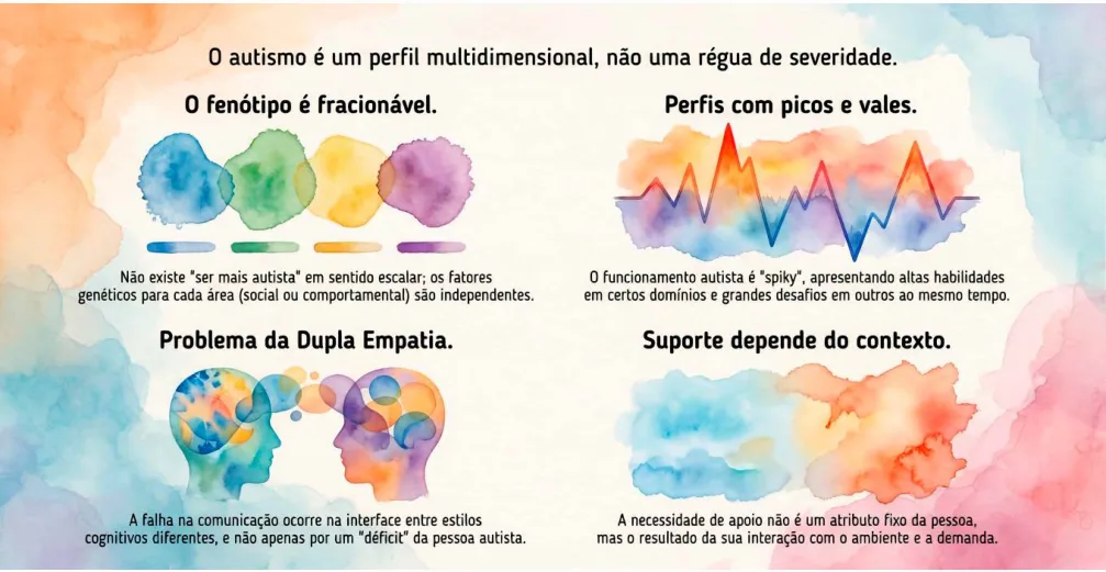 Infográfico com quatro quadrantes coloridos em aquarela explicando que o autismo é um perfil multidimensional, não uma régua de severidade