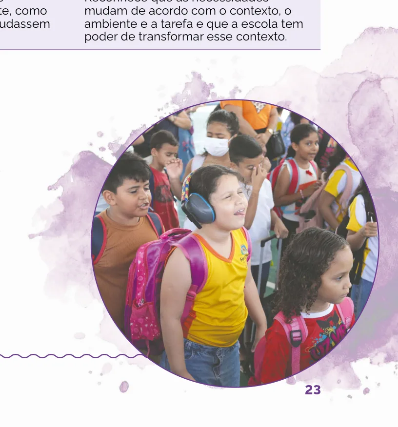 Fotografia de um grupo de crianças caminhando juntas em uma quadra esportiva escolar; uma delas usa abafadores de ruído