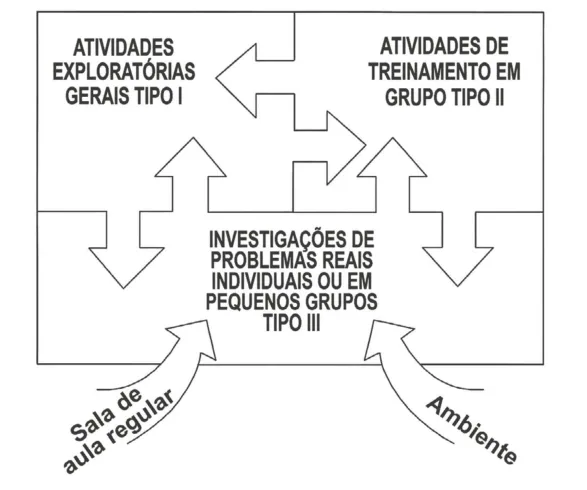 Diagrama retangular do Modelo Triádico de Enriquecimento de Renzulli, com três blocos: Atividades Exploratórias Gerais Tipo I, Atividades de Treinamento em Grupo Tipo II e Investigações de Problemas Reais Individuais ou em Pequenos Grupos Tipo III, conectados por setas, recebendo influência da Sala de Aula Regular e do Ambiente