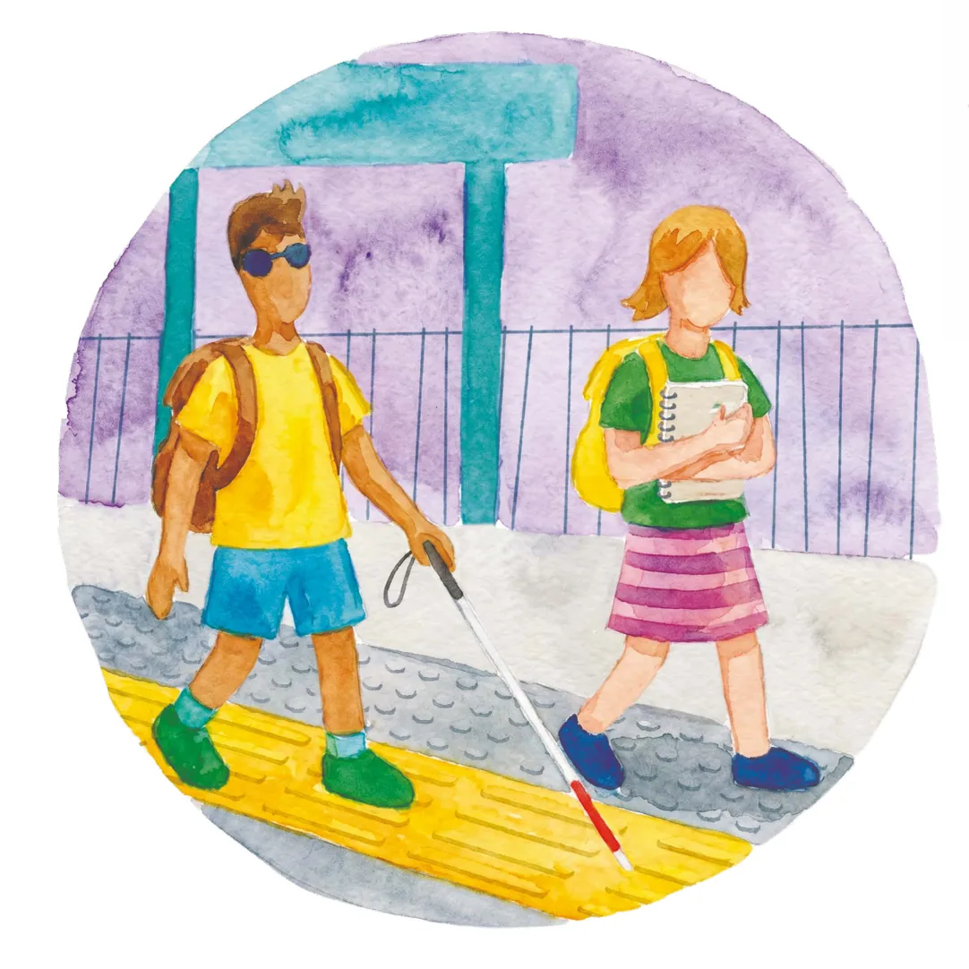 Ilustração em aquarela de duas crianças caminhando pela escola: um menino com bengala branca sobre piso tátil e uma menina ao seu lado