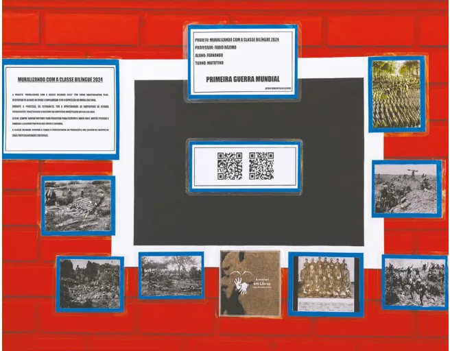 Fotografia de um mural escolar sobre a Segunda Guerra Mundial, com fotografias históricas em preto e branco e dois QR Codes que dão acesso a vídeos em Libras