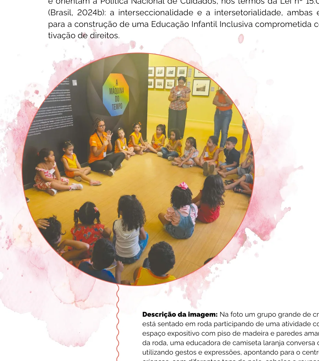 Grupo de crianças pequenas sentado em roda participando de atividade coletiva em espaço expositivo, com educadora conversando ao centro