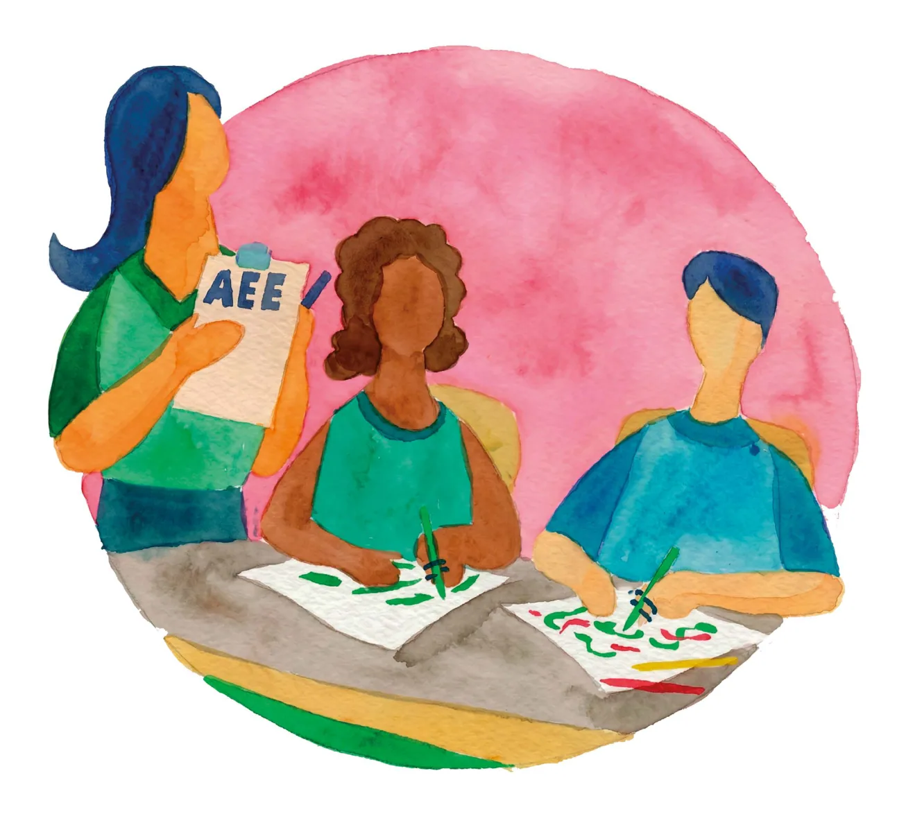 Ilustração em aquarela de uma professora do AEE acompanhando duas crianças em atividade de desenho