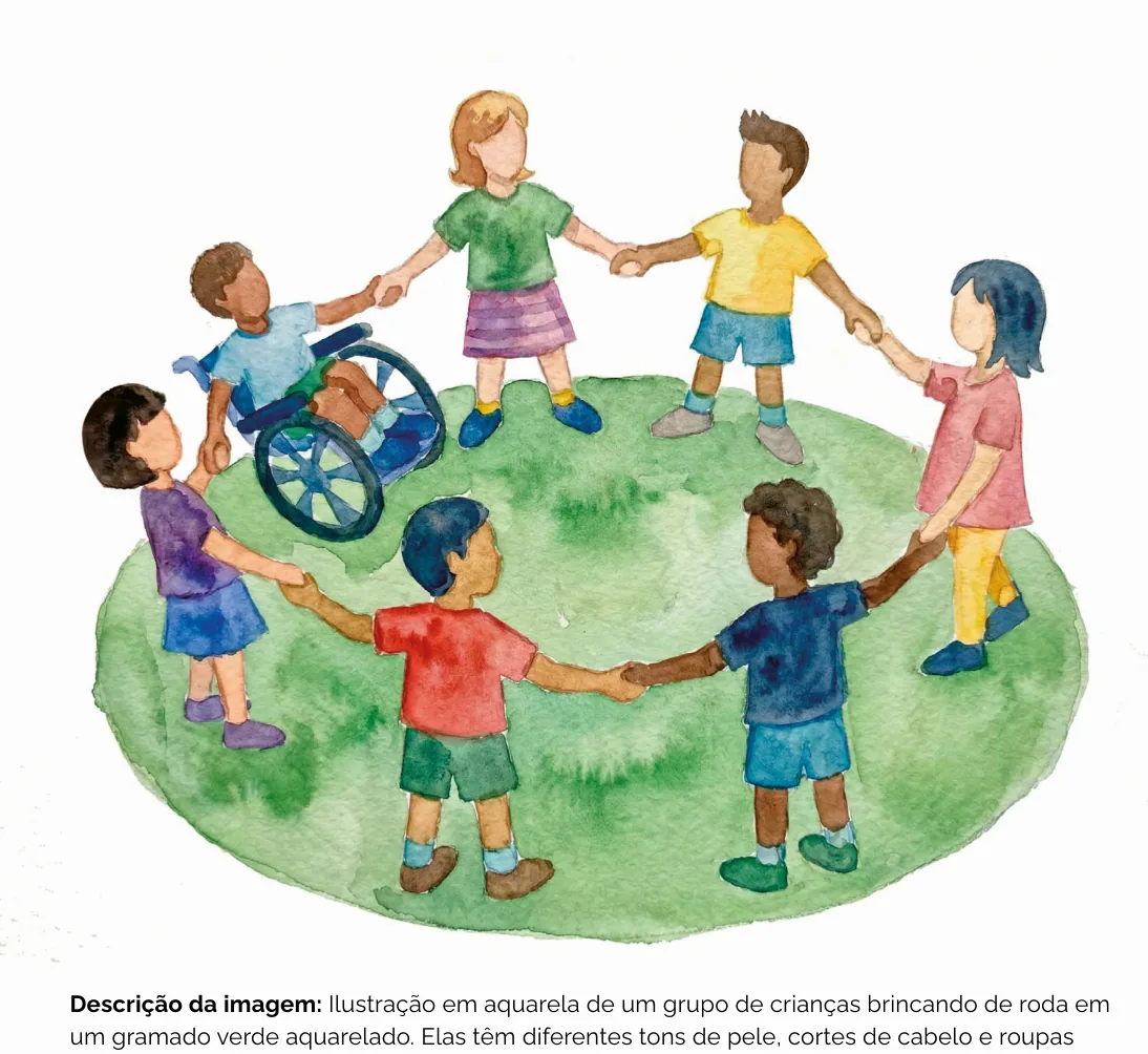 Ilustração em aquarela de um grupo de crianças de mãos dadas brincando de roda em gramado verde, com uma criança em cadeira de rodas participando