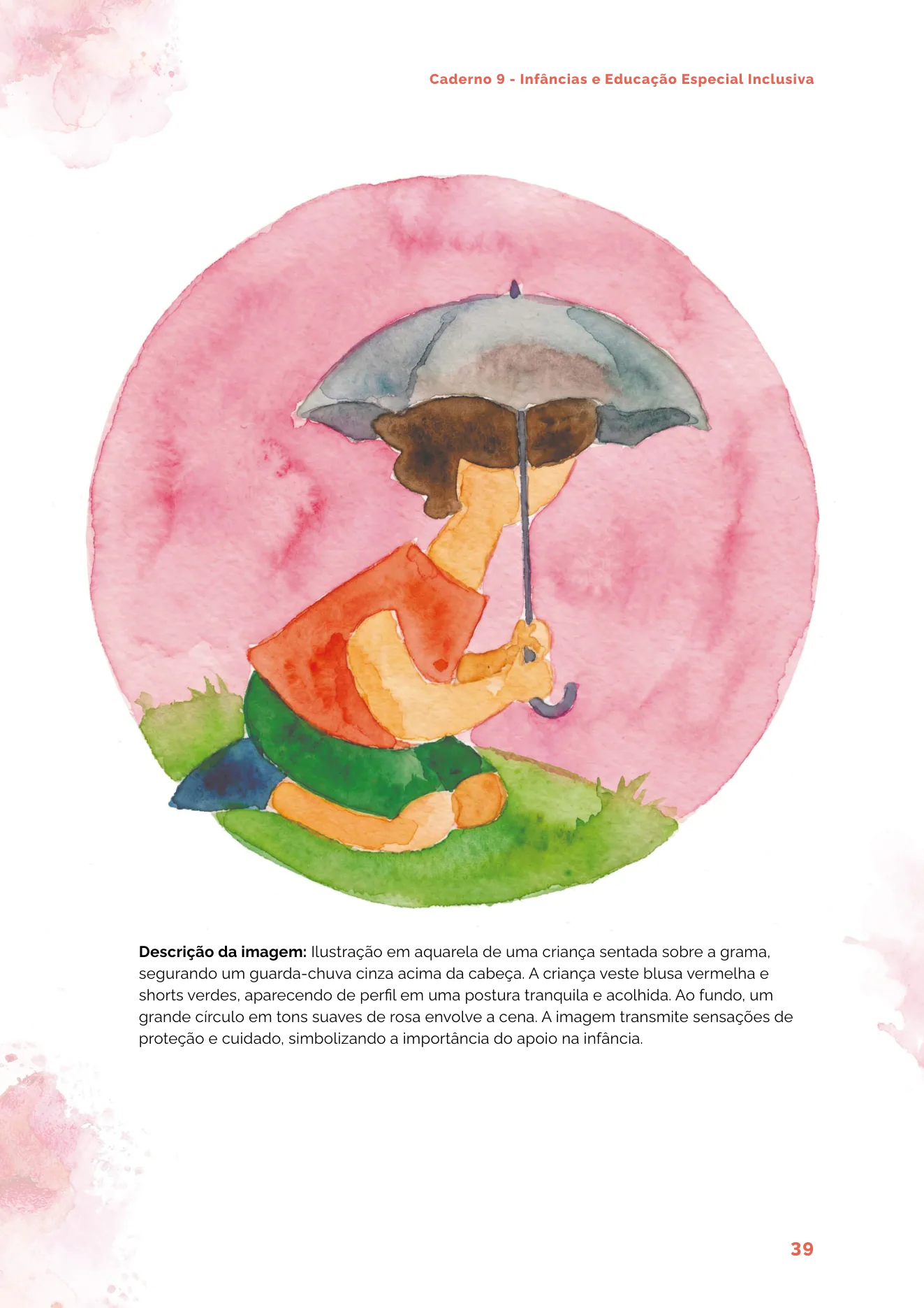Ilustração em aquarela de uma criança sentada na grama segurando um guarda-chuva cinza acima da cabeça